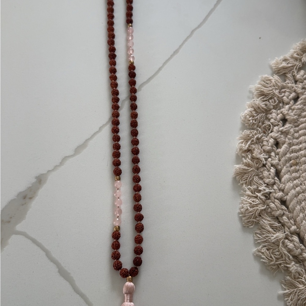 Satya Jewelry Brown Rudraksha & Pink Rose Quartz Tassel Necklace